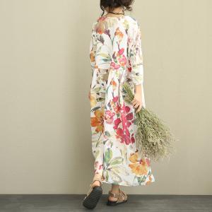 New Arrivals Flowers Prints Linen Colorful Dress Plus Size Maxi Dress