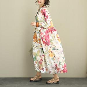 New Arrivals Flowers Prints Linen Colorful Dress Plus Size Maxi Dress