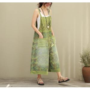 Retro Style Chinese Ethnic Jumpsuits Front Pockets Casual Green Jumpsuits