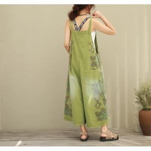 Retro Style Chinese Ethnic Jumpsuits Front Pockets Casual Green Jumpsuits