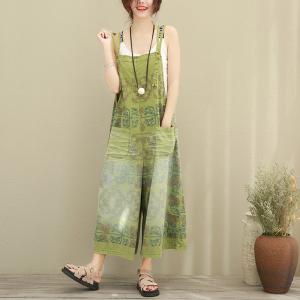 Retro Style Chinese Ethnic Jumpsuits Front Pockets Casual Green Jumpsuits