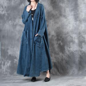 New Arrival Vertical Pockets Denim Trench Coat Womans Plus Size Duster Coat