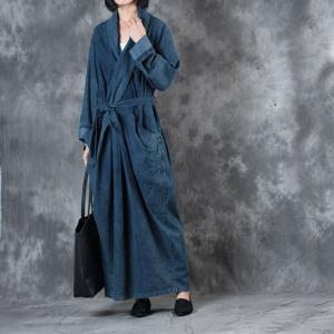 Ladylike Front Cross Denim Dress Back Slit Belted Fashion Fall Dress