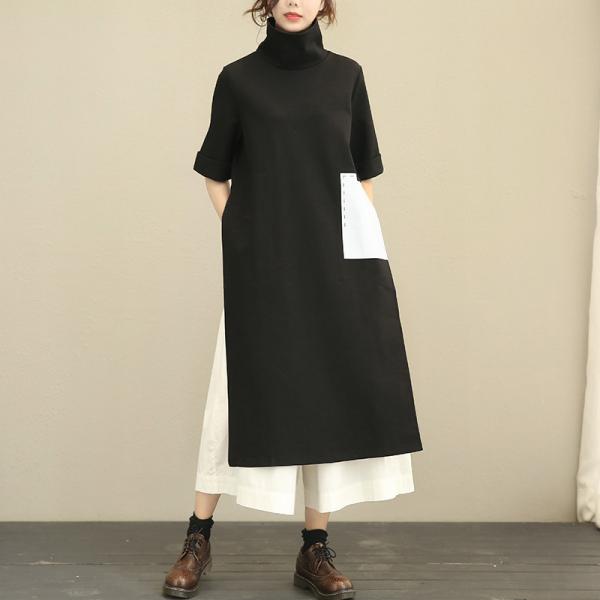 Classical Style Big Slit Turtle Neck Elegant Dress Patchwork Fashion Fall Dress