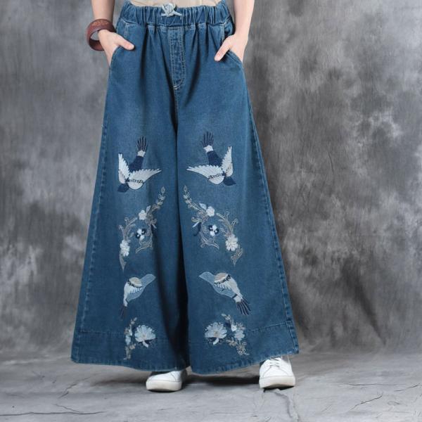 High-Quality Cuckoo Embroidery Vintage Jeans Wide Leg Baggy Trousers