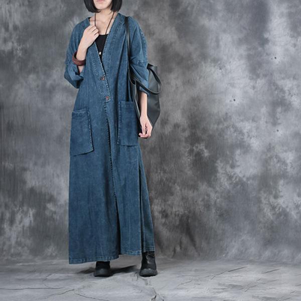 V-Neck Plus Size Maxi Dress Front Slit Belted Vintage Denim Dress