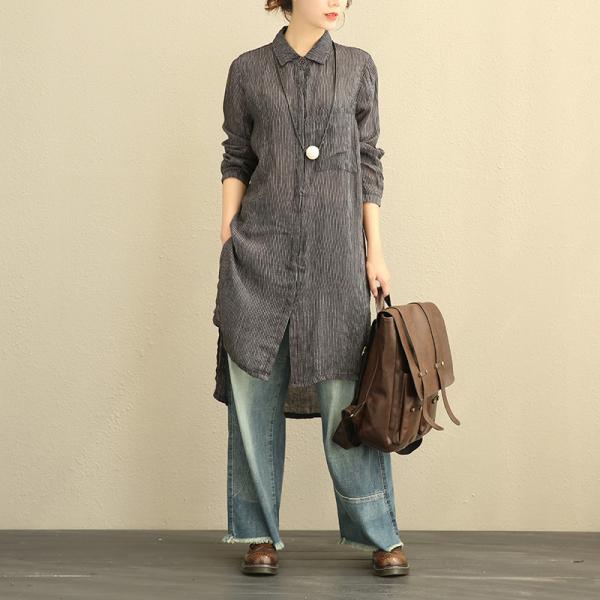 Vertical Stripes Long Linen Blouse Asymmetrical Oversized Shirt Dress