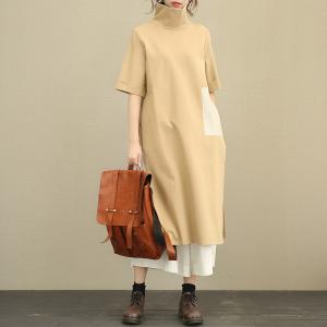 Classical Style Big Slit Turtle Neck Elegant Dress Patchwork Fashion Fall Dress