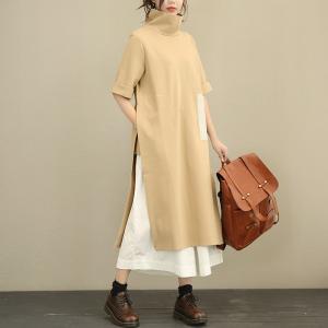 Classical Style Big Slit Turtle Neck Elegant Dress Patchwork Fashion Fall Dress