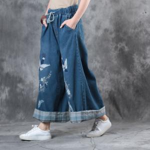 High-Quality Cuckoo Embroidery Vintage Jeans Wide Leg Baggy Trousers