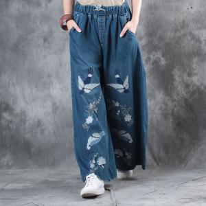 High-Quality Cuckoo Embroidery Vintage Jeans Wide Leg Baggy Trousers