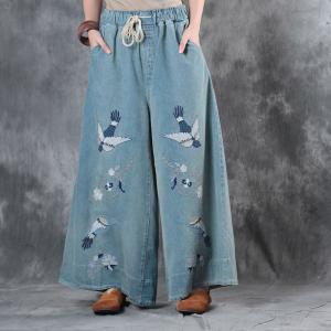 High-Quality Cuckoo Embroidery Vintage Jeans Wide Leg Baggy Trousers