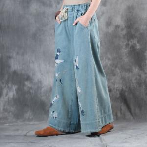 High-Quality Cuckoo Embroidery Vintage Jeans Wide Leg Baggy Trousers