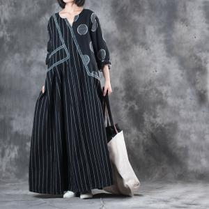 Black Contrast Polka Dot Plus Size Maxi Dress Stripes Linen Dress