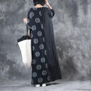 Black Contrast Polka Dot Plus Size Maxi Dress Stripes Linen Dress