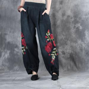 Chinese Vintage Rose Embroidered Balloon Pants Pankou Decoration Baggy Jeans