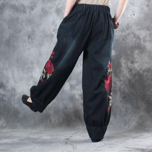 Chinese Vintage Rose Embroidered Balloon Pants Pankou Decoration Baggy Jeans