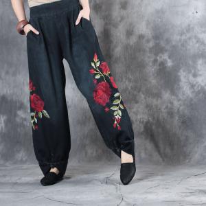 Chinese Vintage Rose Embroidered Balloon Pants Pankou Decoration Baggy Jeans