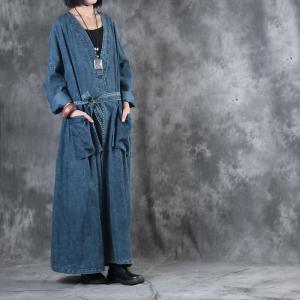 V-Neck Plus Size Maxi Dress Front Slit Belted Vintage Denim Dress