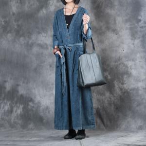 V-Neck Plus Size Maxi Dress Front Slit Belted Vintage Denim Dress