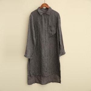 Vertical Stripes Long Linen Blouse Asymmetrical Oversized Shirt Dress