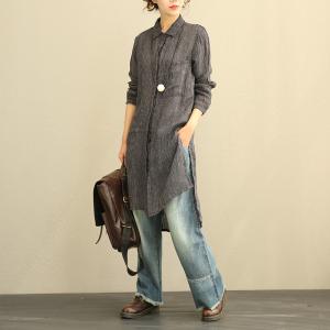 Vertical Stripes Long Linen Blouse Asymmetrical Oversized Shirt Dress