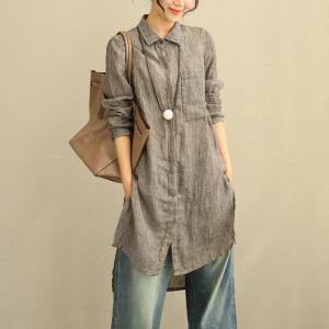 Vertical Stripes Long Linen Blouse Asymmetrical Oversized Shirt Dress