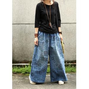 Folk Prints Wide Leg Pants Comfortable Senior Women Jeans