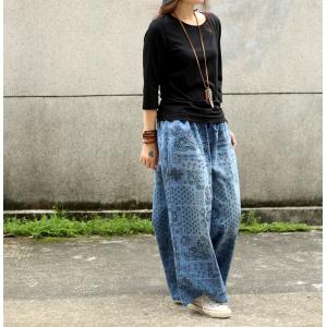 Folk Prints Wide Leg Pants Comfortable Senior Women Jeans