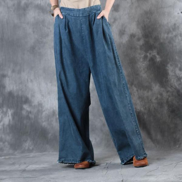 High-Quality Elastic Waist Frayed Bottom Jeans Womans Loose Pants
