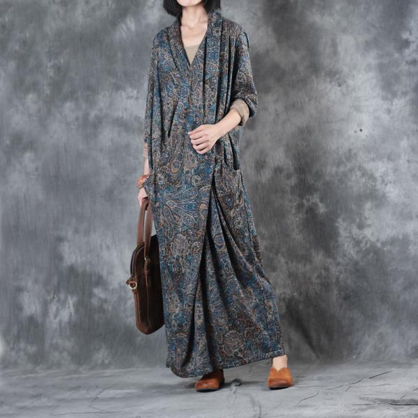 Folk Style Front Cross Long Sleeve Blue Dress Vintage Prints Casual Maxi Dress