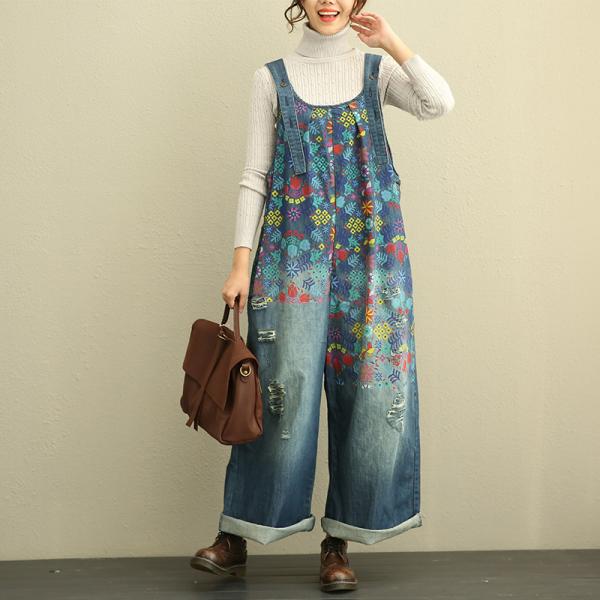 Beautiful Vintage Floral Jeans Jumpsuits Plus Size Denim Overalls