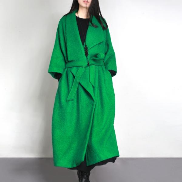 High-Quality Wide Lapel Green Coat Waistband Woolen Plus Size Winter Coat