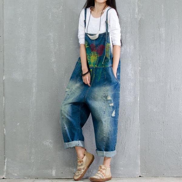 Fashion Artistic Print Denim Overalls Ripped Jumpsuits