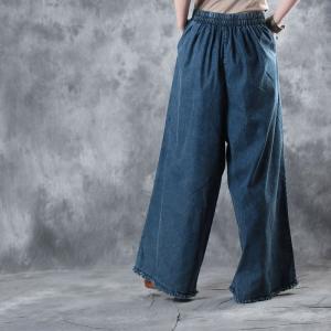 High-Quality Elastic Waist Frayed Bottom Jeans Womans Loose Pants
