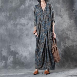 Folk Style Front Cross Long Sleeve Blue Dress Vintage Prints Casual Maxi Dress