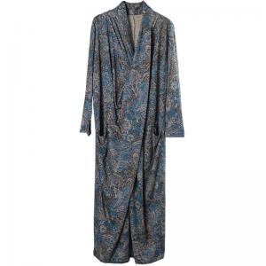 Folk Style Front Cross Long Sleeve Blue Dress Vintage Prints Casual Maxi Dress