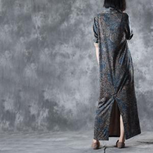 Folk Style Front Cross Long Sleeve Blue Dress Vintage Prints Casual Maxi Dress