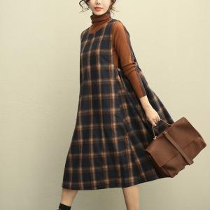 Ladylike Plus Size Woolen Sundress Plaid Jumper Dress