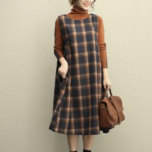 Ladylike Plus Size Woolen Sundress Plaid Jumper Dress