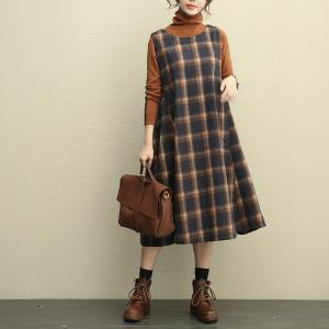 Ladylike Plus Size Woolen Sundress Plaid Jumper Dress