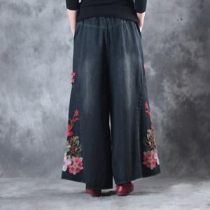 Chinese Buttons Vintage Rose Embroidered Jeans Womans Black Baggy Jeans