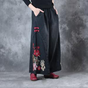 Chinese Buttons Vintage Rose Embroidered Jeans Womans Black Baggy Jeans