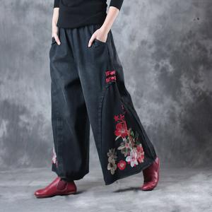 Chinese Buttons Vintage Rose Embroidered Jeans Womans Black Baggy Jeans