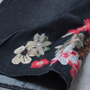 Chinese Buttons Vintage Rose Embroidered Jeans Womans Black Baggy Jeans