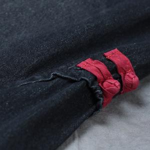 Chinese Buttons Vintage Rose Embroidered Jeans Womans Black Baggy Jeans