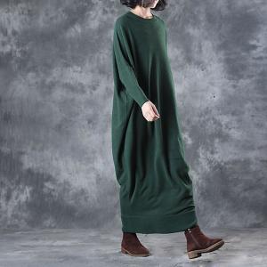 Simple Fashion Loose Sweater Dress Crew Neck Woolen Green Dress