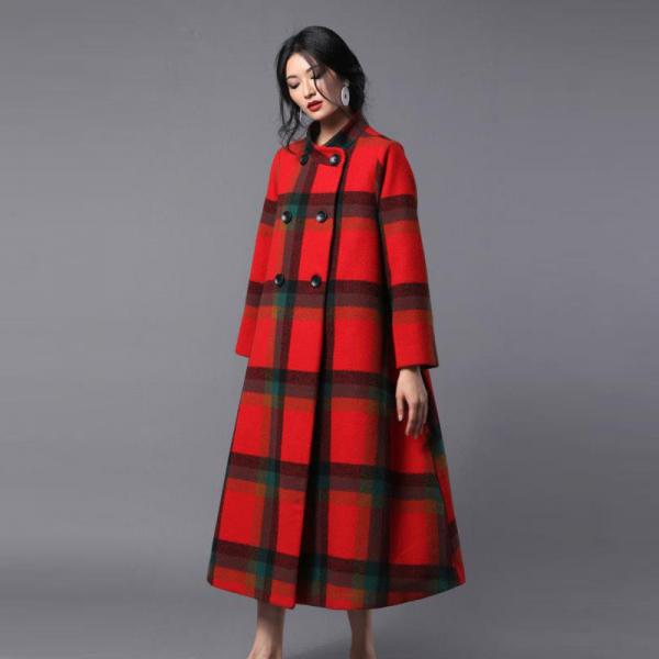 High-End Stand Collar Plaid Coat Woolen Plus Size Tweed Coat