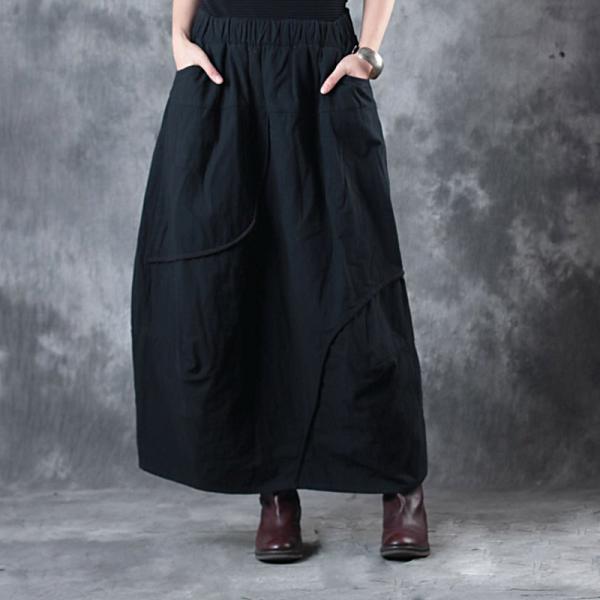 Latest Fashion Cotton Linen Maxi Skirt Loose Quilted Black Skirt