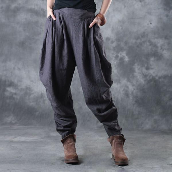 Simple Design Linen Gray Trousers Holidays Balloon Pants